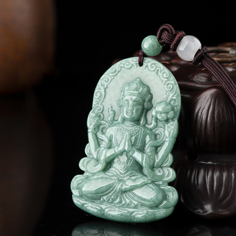 Fortune Jewel Four-armed Avalokitesvara Natural Jade Amulet Blessing String Necklace Fortune Jewel