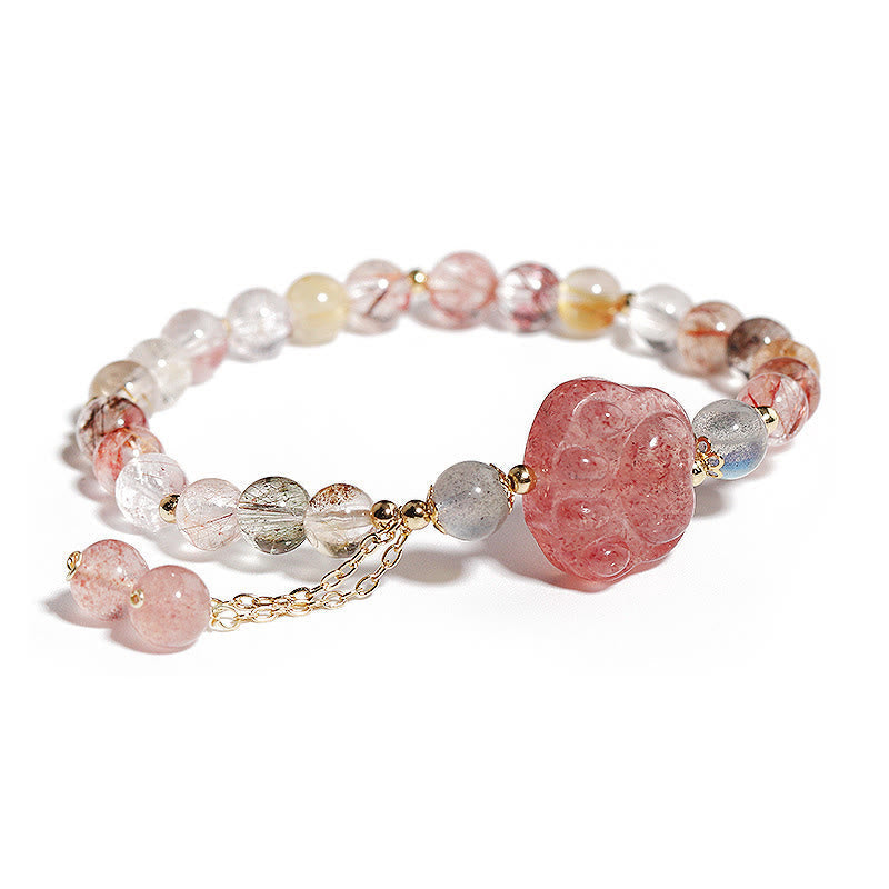 Fortune Jewel Natural Strawberry Quartz Cat Paw Claw Colorful Rutilated Quartz Moonstone Love Bracelet