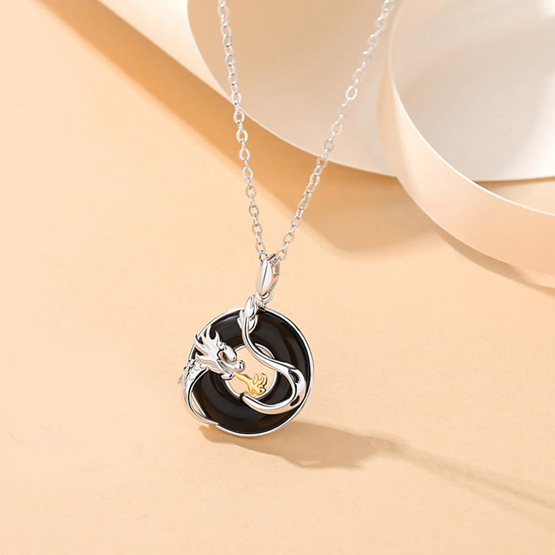 Fortune Jewel 925 Sterling Silver Year of the Dragon Natural Black Onyx Chalcedony Dragon Phoenix Peace Buckle Protection Necklace Pendant