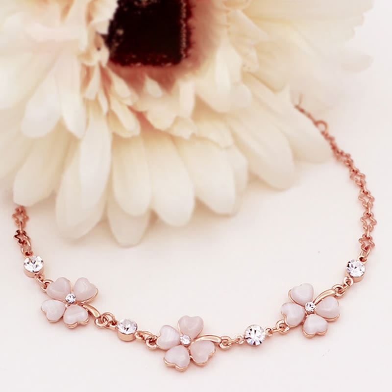 Fortune Jewel Pink Crystal Four Leaf Clover Love Chain Bracelet