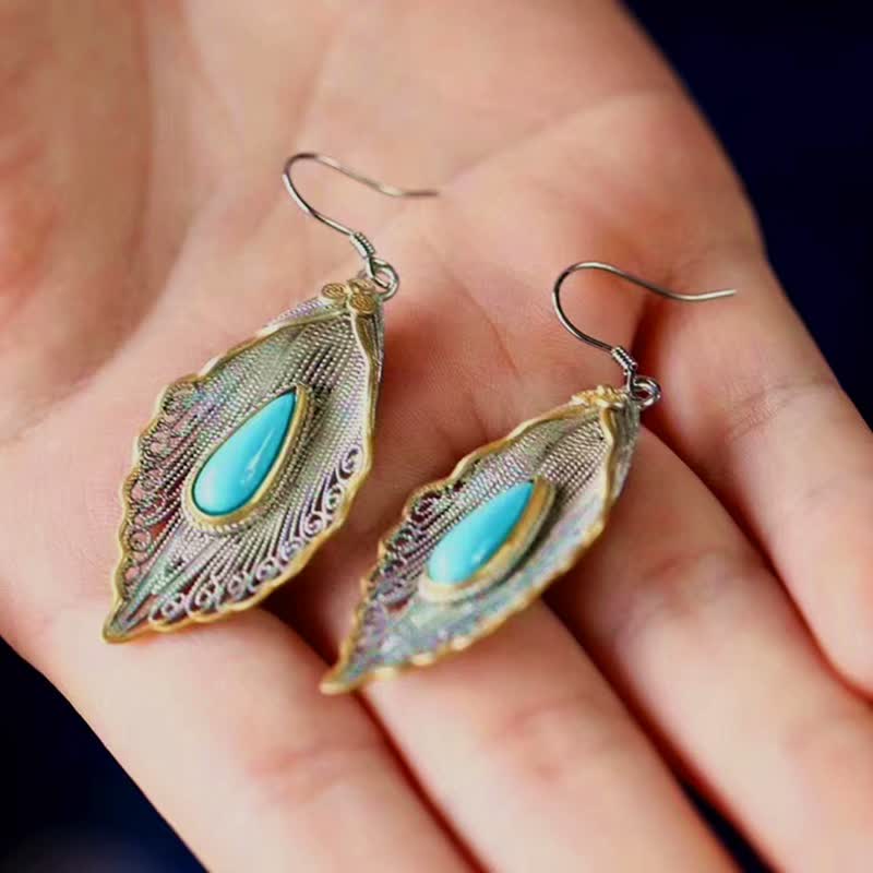 Fortune Jewel 925 Sterling Silver Turquoise Bodhi Leaf Pattern Protection Drop Dangle Earrings