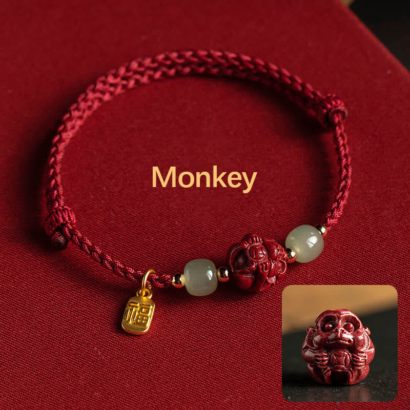 Fortune Jewel Natural Cinnabar Chinese Zodiac Hetian Jade Fu Character Luck Rope Bracelet