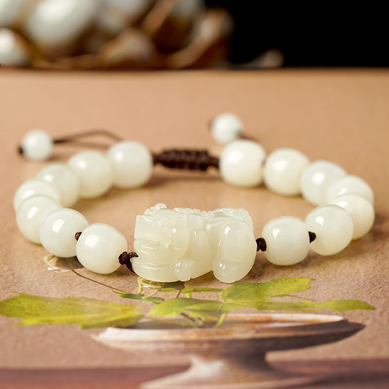 Fortune Jewel Natural Hetian White Jade PiXiu Wealth String Bracelet