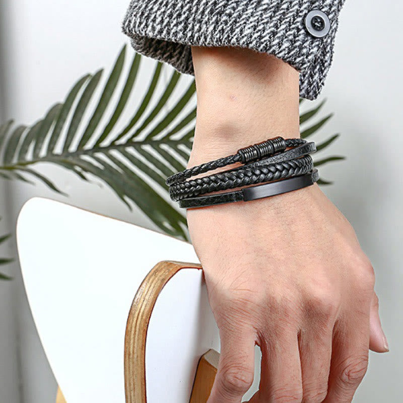 Fortune Jewel Leather Multi-Layer Titanium Steel Balance Braided Magnetic Buckle Bracelet