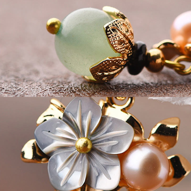 Fortune Jewel 14K Gold Plated Tridacna Stone Flower Pearl Green Aventurine Bead Drop Earrings