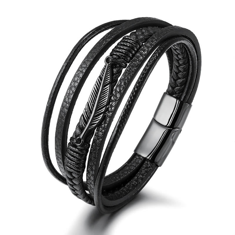 Fortune Jewel Feather Pattern Multilayer Leather Titanium Steel Calm Braided Magnetic Buckle Bracelet