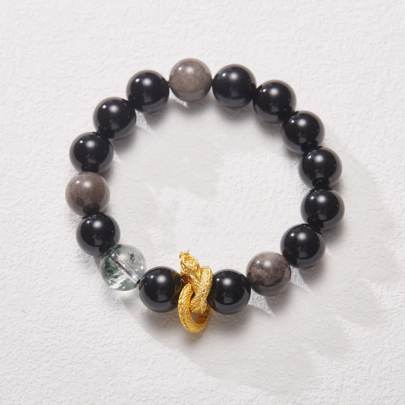 Fortune Jewel Natural Silver Sheen Obsidian Dragon Green Phantom Protection Bracelet