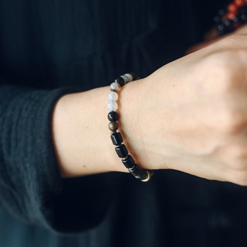 Fortune Jewel Ebony Wood Red Jasper Moss Agate Crystal Copper Peace Couple Bracelet