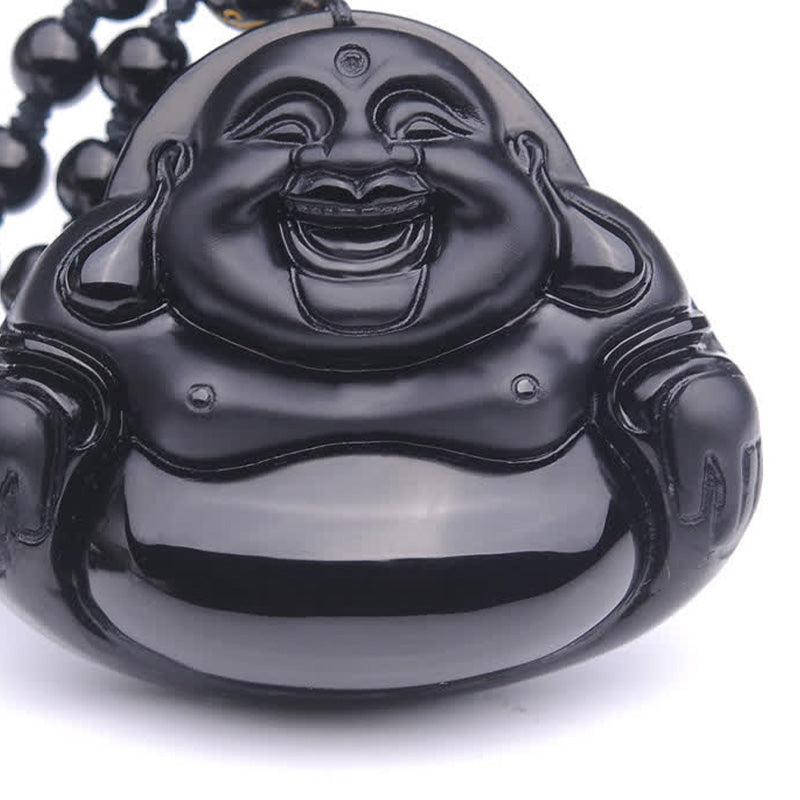 Fortune Jewel Laughing Buddha Black Obsidian Transformation Pendant Necklace