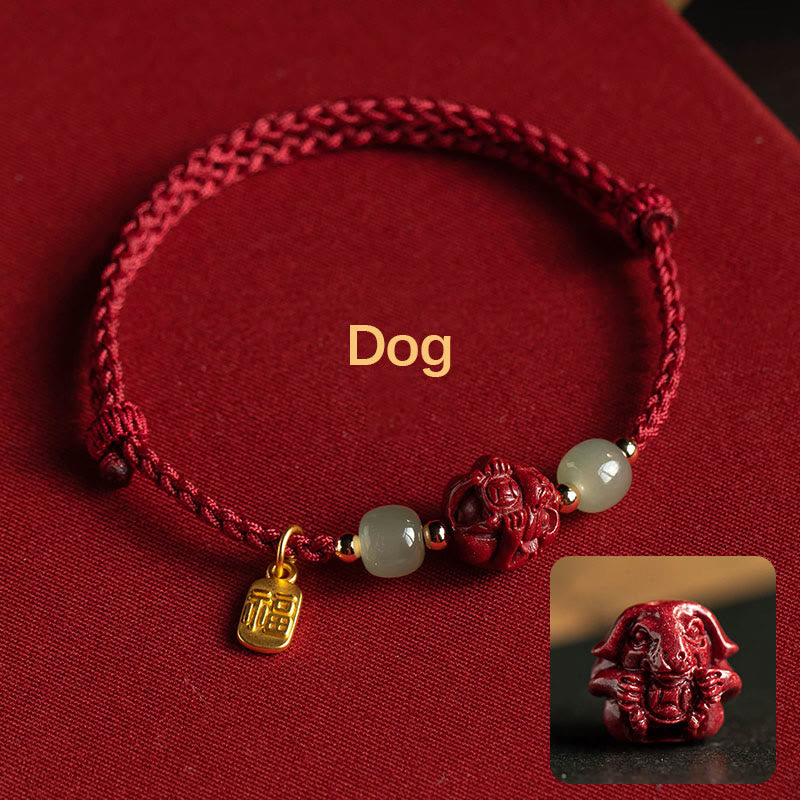 Fortune Jewel Natural Cinnabar Chinese Zodiac Hetian Jade Fu Character Luck Rope Bracelet