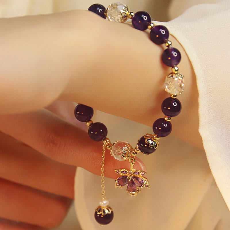 Fortune Jewel 14k Gold Plated Natural Amethyst Healing Maple Leaf Charm Bracelet