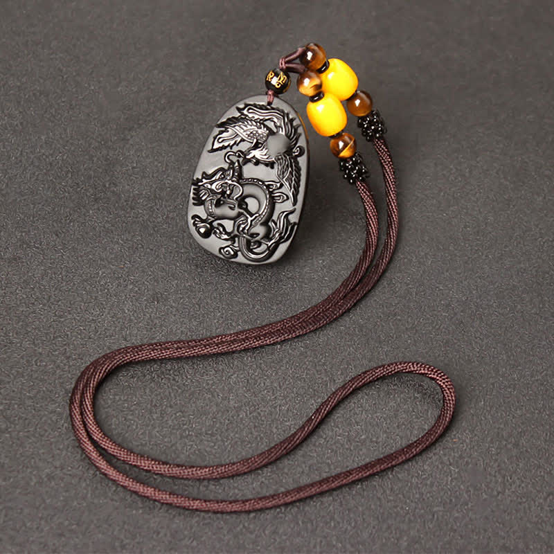 Fortune Jewel Black Obsidian Tiger Eye Dragon Phoenix Protection Beaded Necklace Pendant