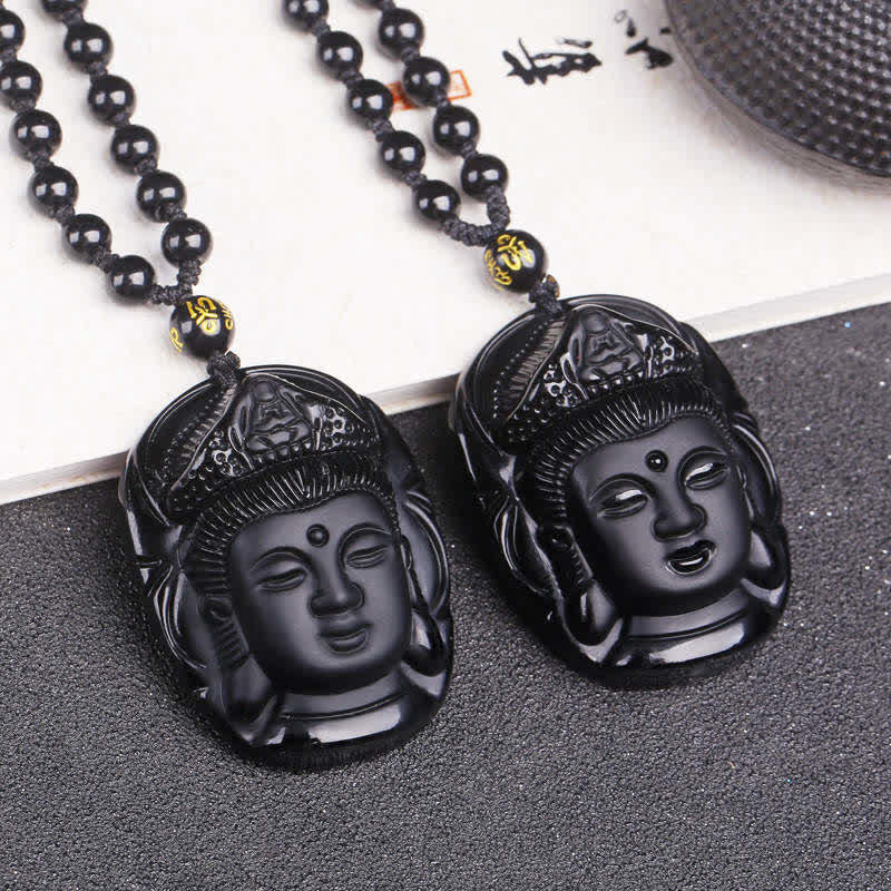 Fortune Jewel Natural Black Obsidian Kwan Yin Avalokitesvara Strength String Necklace Pendant