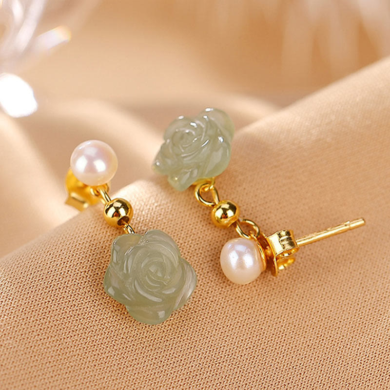 Fortune Jewel 925 Sterling Silver Plated Gold Jade Rose Flower Cyan Jade Pearl Luck Earrings