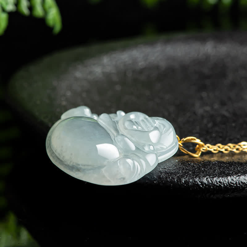 Fortune Jewel Laughing Buddha Natural Jade Abundance Titanium Steel Chain Necklace Pendant Fortune Jewel