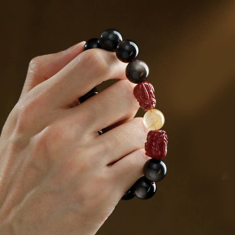 Fortune Jewel Gold Sheen Obsidian PiXiu Cinnabar Om Mani Padme Hum Protection Bracelet
