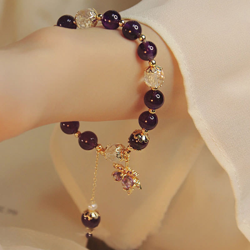 Fortune Jewel 14k Gold Plated Natural Amethyst Healing Maple Leaf Charm Bracelet