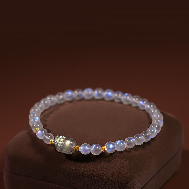 Fortune Jewel 925 Sterling Silver Plated Gold Natural Moonstone PiXiu Healing Bracelet