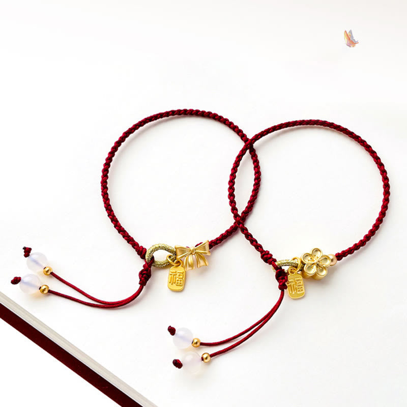 Fortune Jewel Handmade Peach Blossom Rosette Bow Knot Fu Character Charm Luck Fortune Red Rope Bracelet