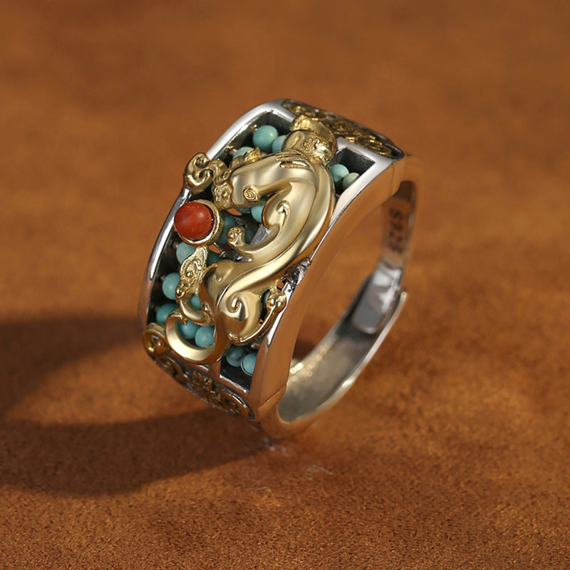 Fortune Jewel 925 Sterling Silver Turquoise Red Agate PiXiu Abacus Protection Ring