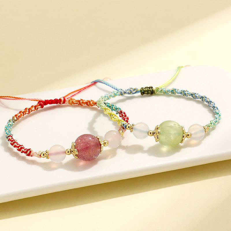 Fortune Jewel Strawberry Quartz Pink Crystal Prehnite White Agate Bead Healing Rope Bracelet
