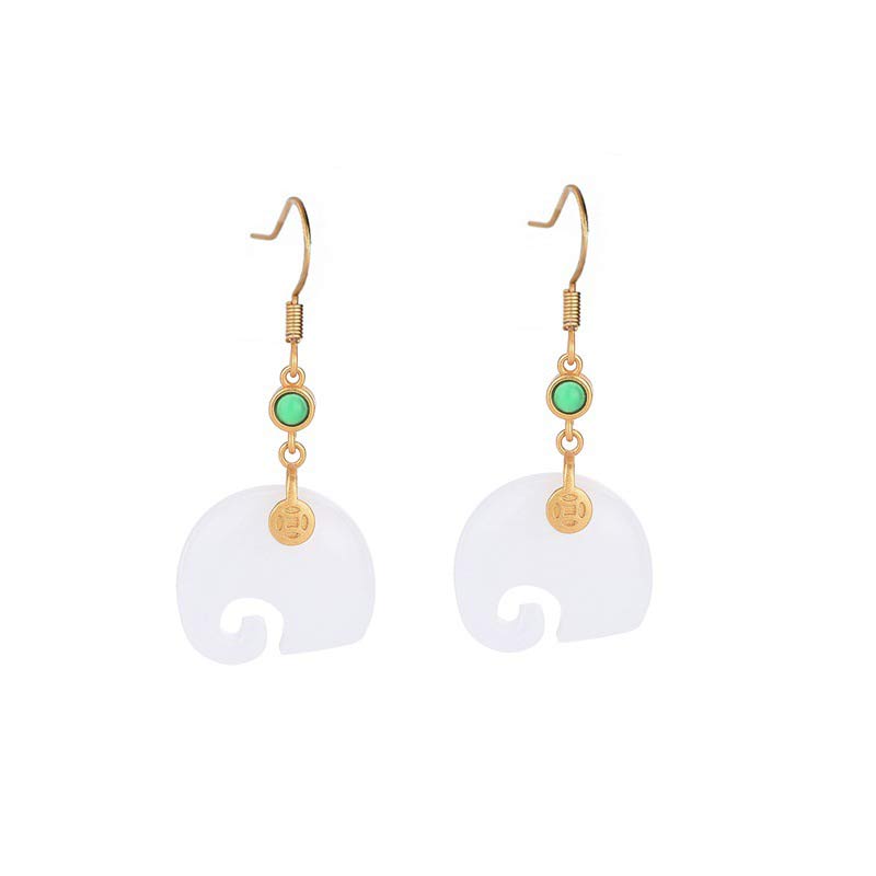 Fortune Jewel FengShui Elephant White Jade Fortune Earrings