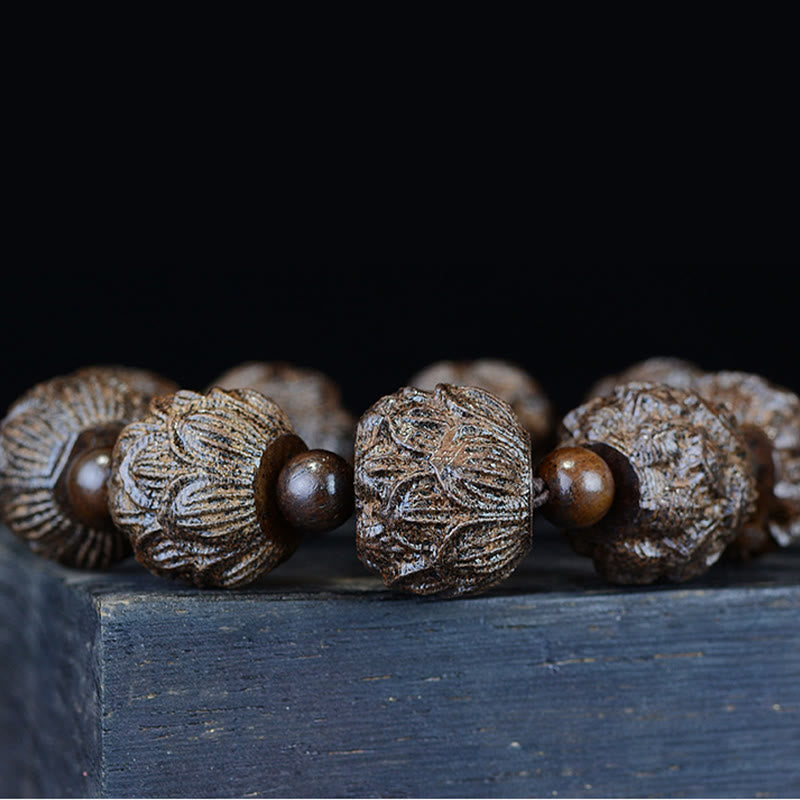Fortune Jewel Ebony Wood Eighteen Arhats Lotus Dragon Engraved Balance Bracelet Fortune Jewel