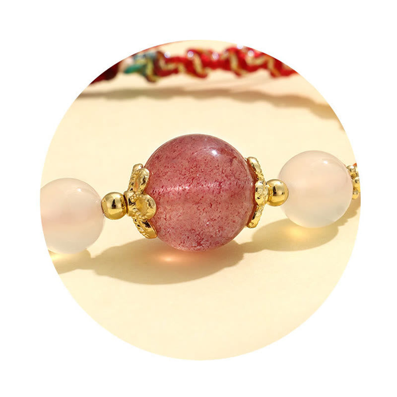 Fortune Jewel Strawberry Quartz Pink Crystal Prehnite White Agate Bead Healing Rope Bracelet