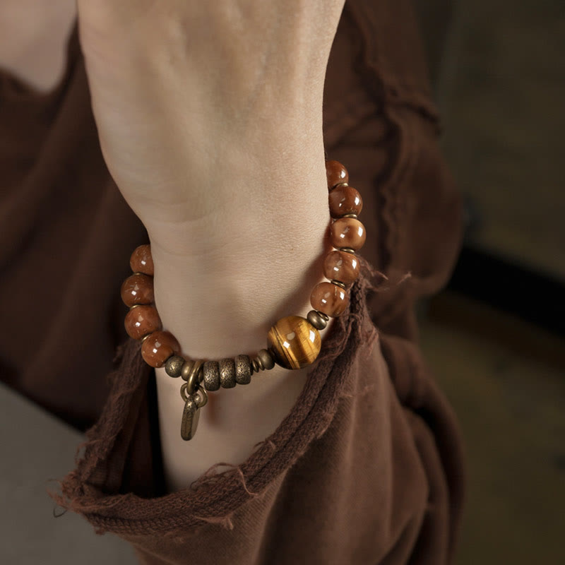 Fortune Jewel Kuka Seed Tiger Eye Gold Sheen Obsidian Brass Copper Wealth Luck Bracelet