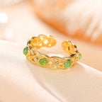 Fortune Jewel 925 Sterling Silver Plated Gold Cyan Jade Braided Design Success Luck Adjustable Ring