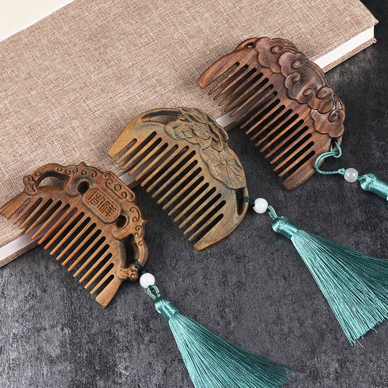 Fortune Jewel Green Sandalwood Fox Peony Flower Lotus Engraved Cure Tassel Comb Fortune Jewel