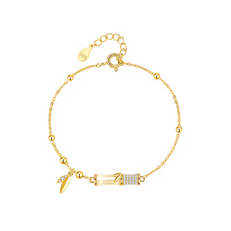 Fortune Jewel 925 Sterling Silver 18K Gold Plated White Jade Bamboo Zircon Leaf Luck Bracelet