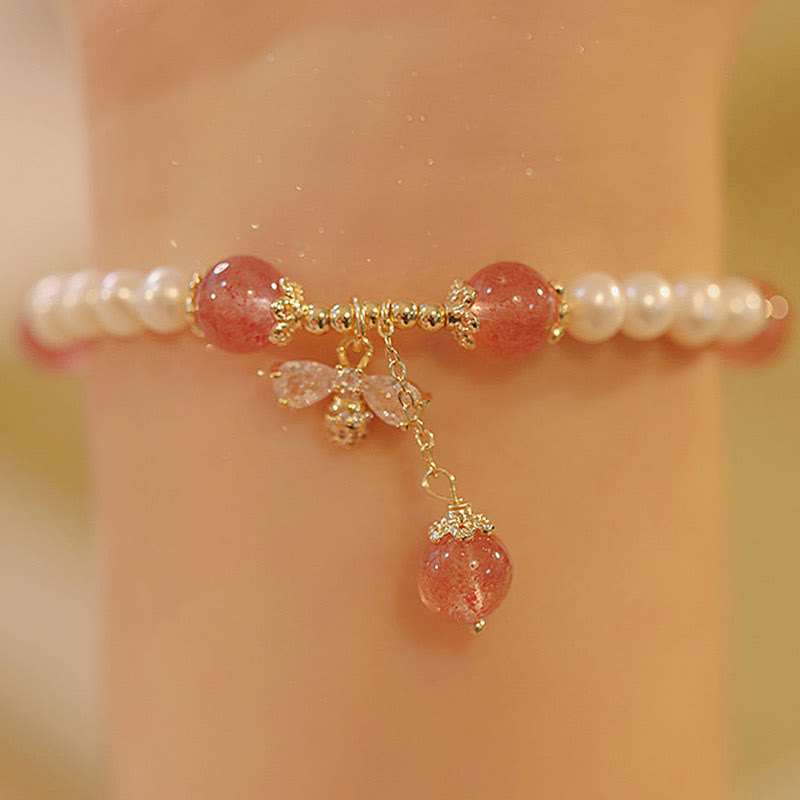 Fortune Jewel Natural Pearl Strawberry Quartz Healing Cute Honey Bee Charm Bracelet