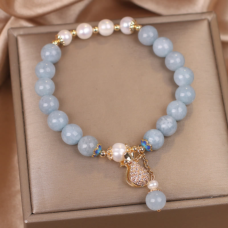 Fortune Jewel Aquamarine Pearl Fortune Money Bag Charm Bracelet