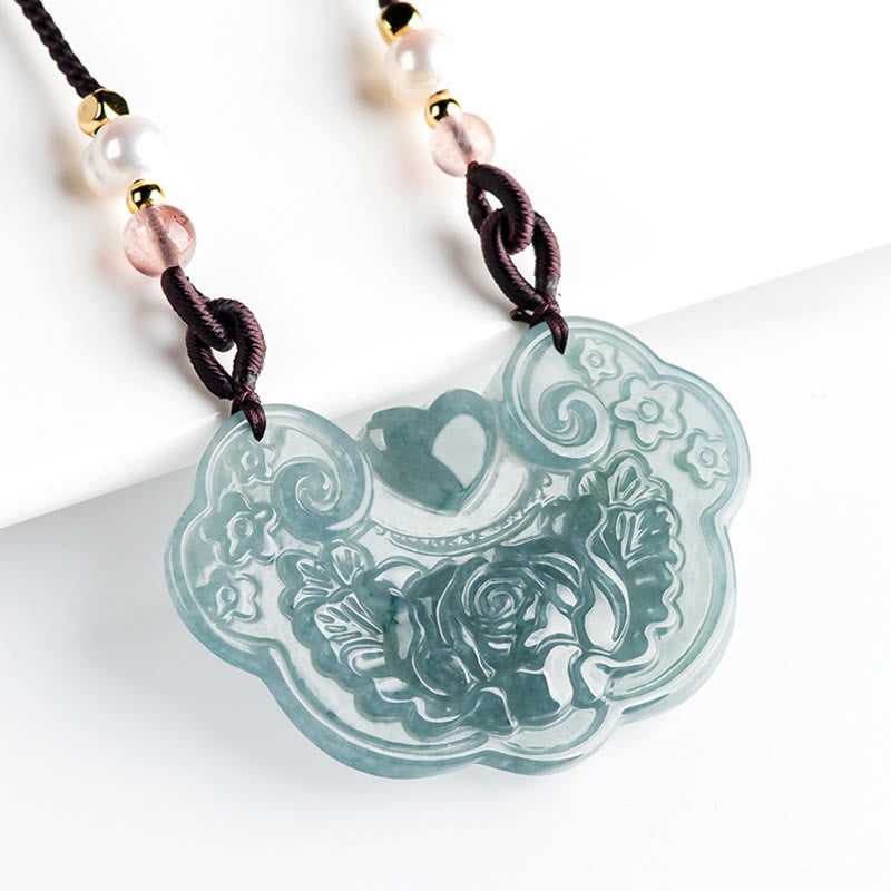 Fortune Jewel Natural Jade Peony Flower Lock of Good Wishes Prosperity Necklace Pendant