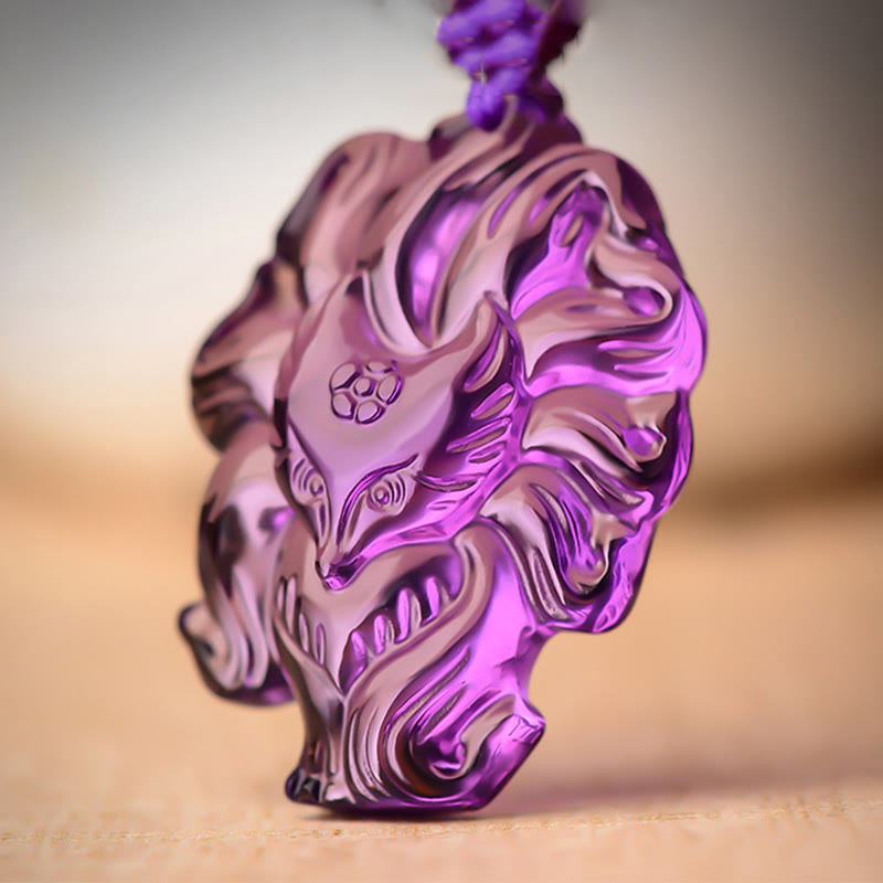 Fortune Jewel Natural Amethyst White Crystal Citrine Nine Tailed Fox Luck Necklace Pendant