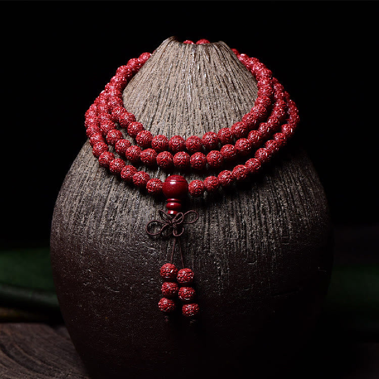 Fortune Jewel 108 Mala Beads Cinnabar Om Mani Padme Hum Pattern Engraved Blessing Bracelet