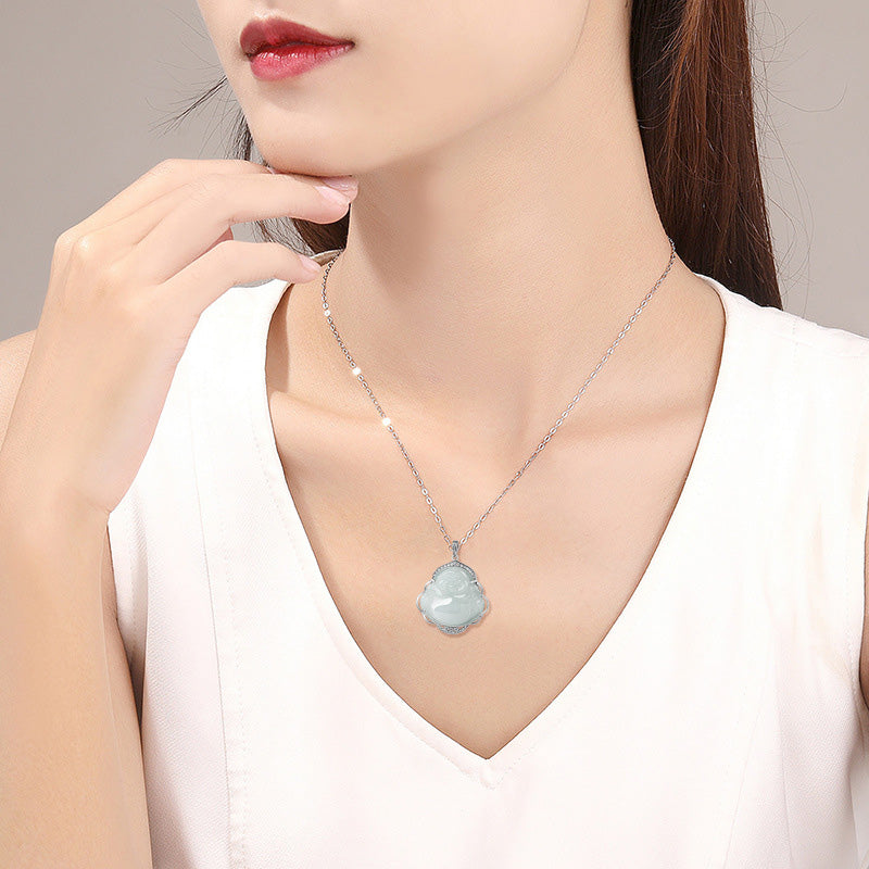 Fortune Jewel Laughing Buddha Natural Jade Abundance Titanium Steel Chain Necklace Pendant Fortune Jewel