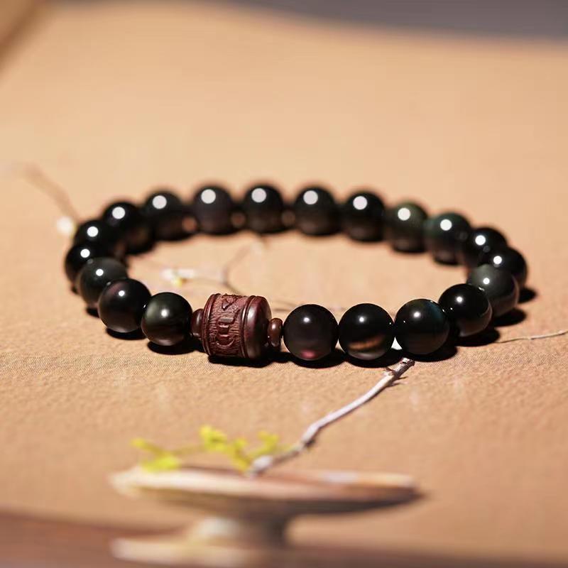Fortune Jewel Natural Gold Sheen Obsidian Rainbow Obsidian Om Mani Padme Hum Fu Character Healing Bracelet