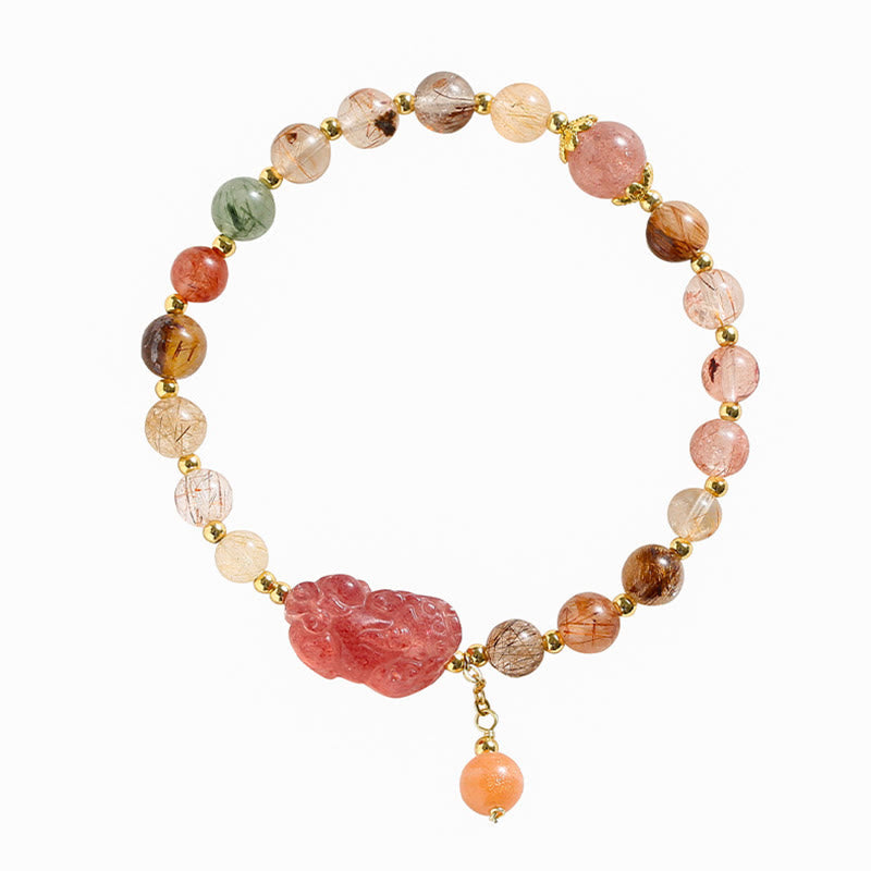 Fortune Jewel Natural Rutilated Quartz Strawberry Quartz PiXiu Wealth Bracelet