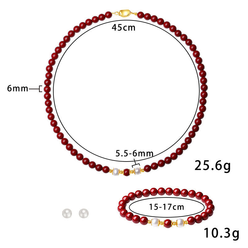 Fortune Jewel 925 Sterling Silver Natural Cinnabar Pearl Blessing Necklace Pendant Bracelet Earrings Jewelry Set