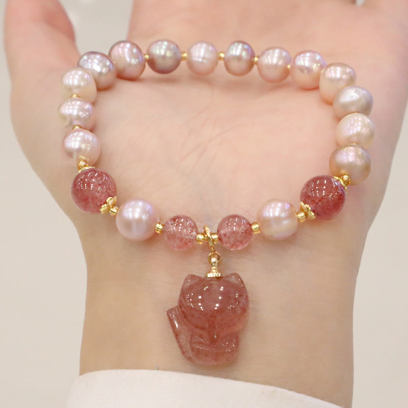 Fortune Jewel Natural Pearl Strawberry Quartz Cute Fox Love Healing Charm Bracelet