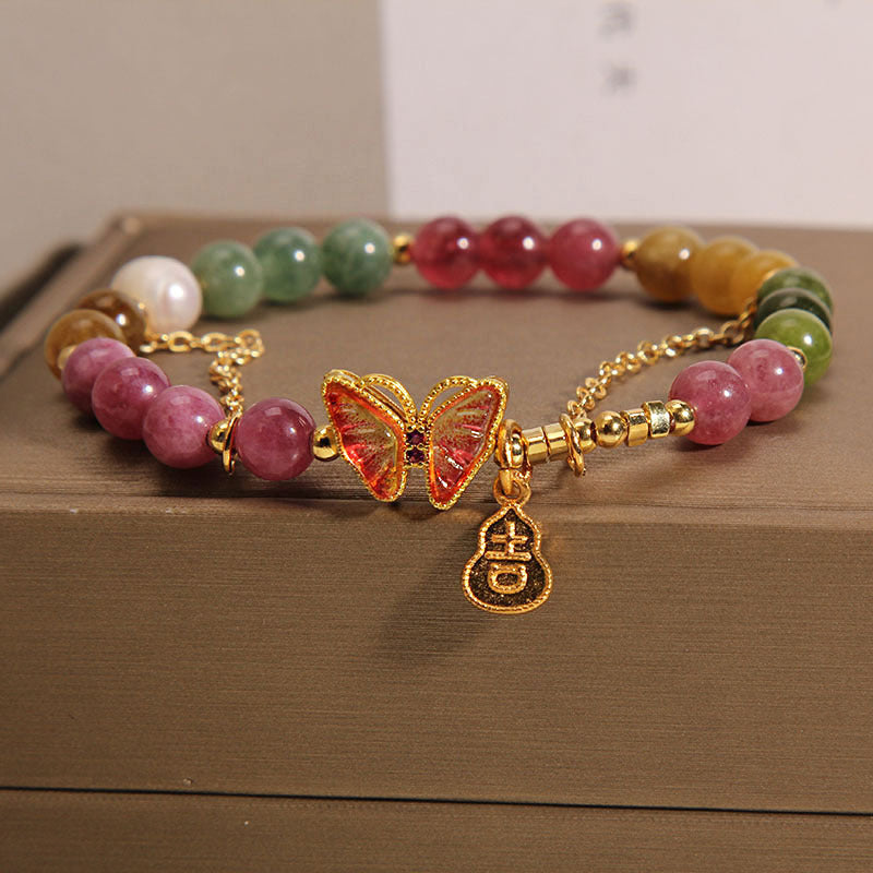 Fortune Jewel Natural Colorful Tourmaline Butterfly Auspicious Character Gourd Charm Positive Bracelet