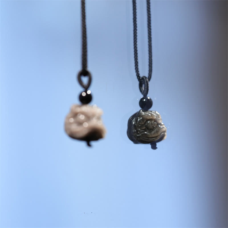 Fortune Jewel Natural Silver Sheen Obsidian Dancing Lion Protection Necklace Pendant