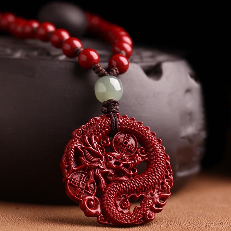 Fortune Jewel Year Of The Dragon Natural Cinnabar Hetian Jade Bead Copper Coin Attract Wealth Strength Necklace Pendant