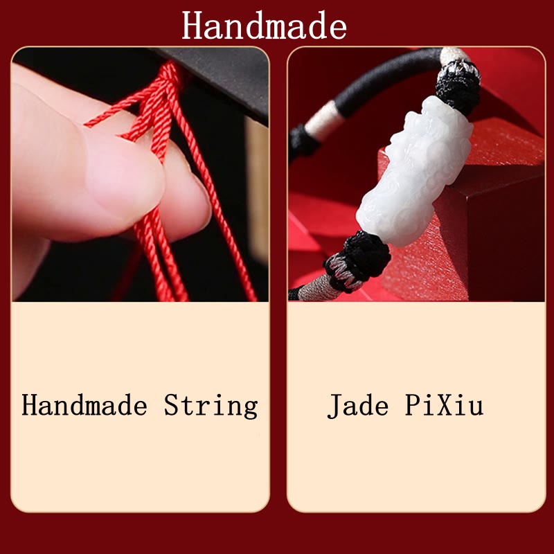Fortune Jewel Handmade Natural Jade PiXiu Luck Prosperity Braided String Bracelet