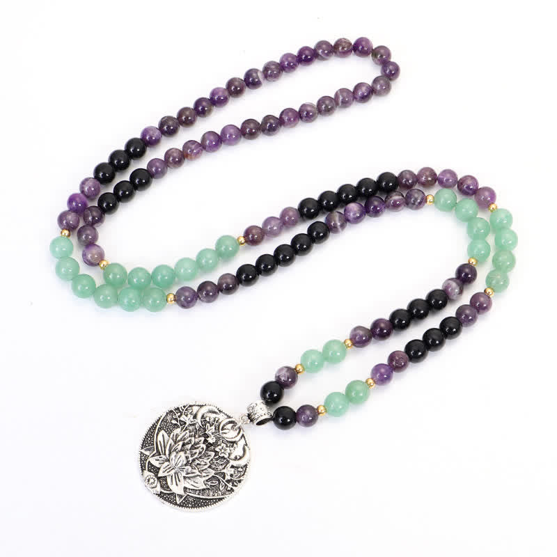 Fortune Jewel 108 Mala Beads Amethyst Green Aventurine Lotus Meditation Bracelet