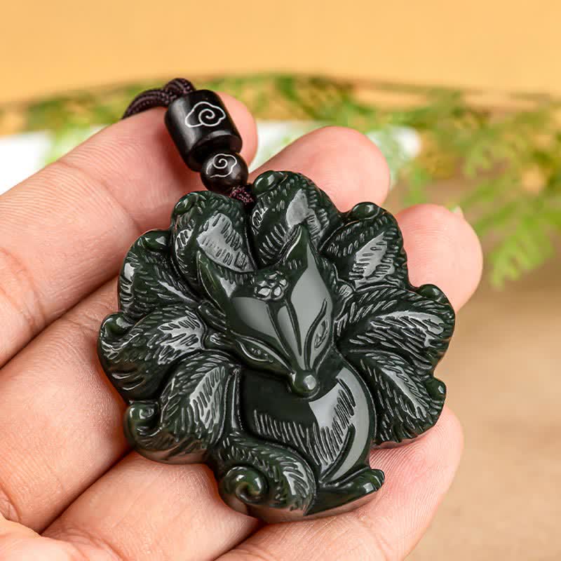 Fortune Jewel Hetian Cyan Jade Nine Tailed Fox Luck Necklace String Pendant