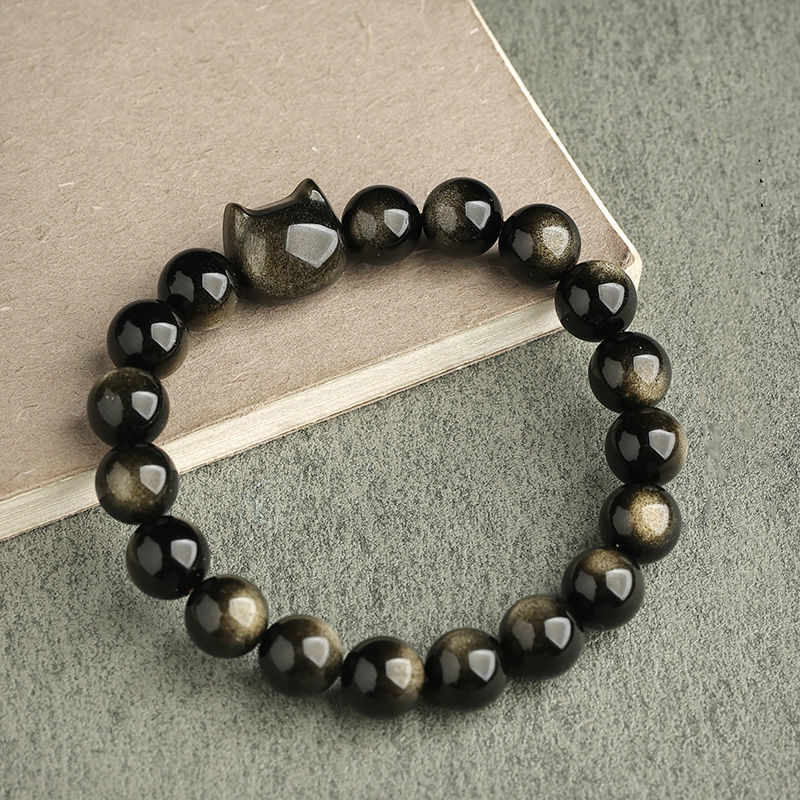 Fortune Jewel Gold Sheen Obsidian Silver Sheen Obsidian Lovely Paw Lucky Cat Protection Bracelet