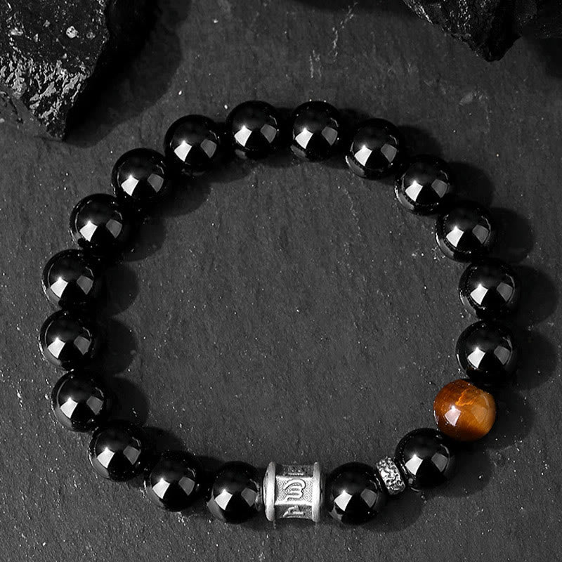 Fortune Jewel 999 Sterling Silver Black Obsidian Tiger Eye Om Mani Padme Hum Fulfillment Bracelet